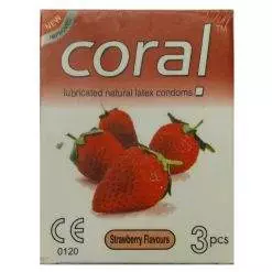 Coral Lubricated Natural Latex condoms Strawberry Flavours 3 pack